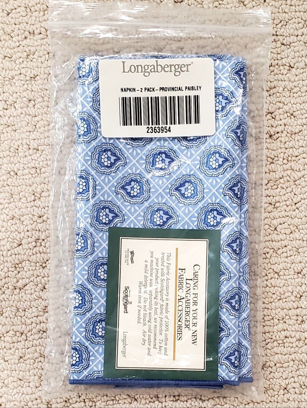 Longaberger Blue/White Provencial Paisley 100% Cotton 2 Pack Dinner Napkins NWT